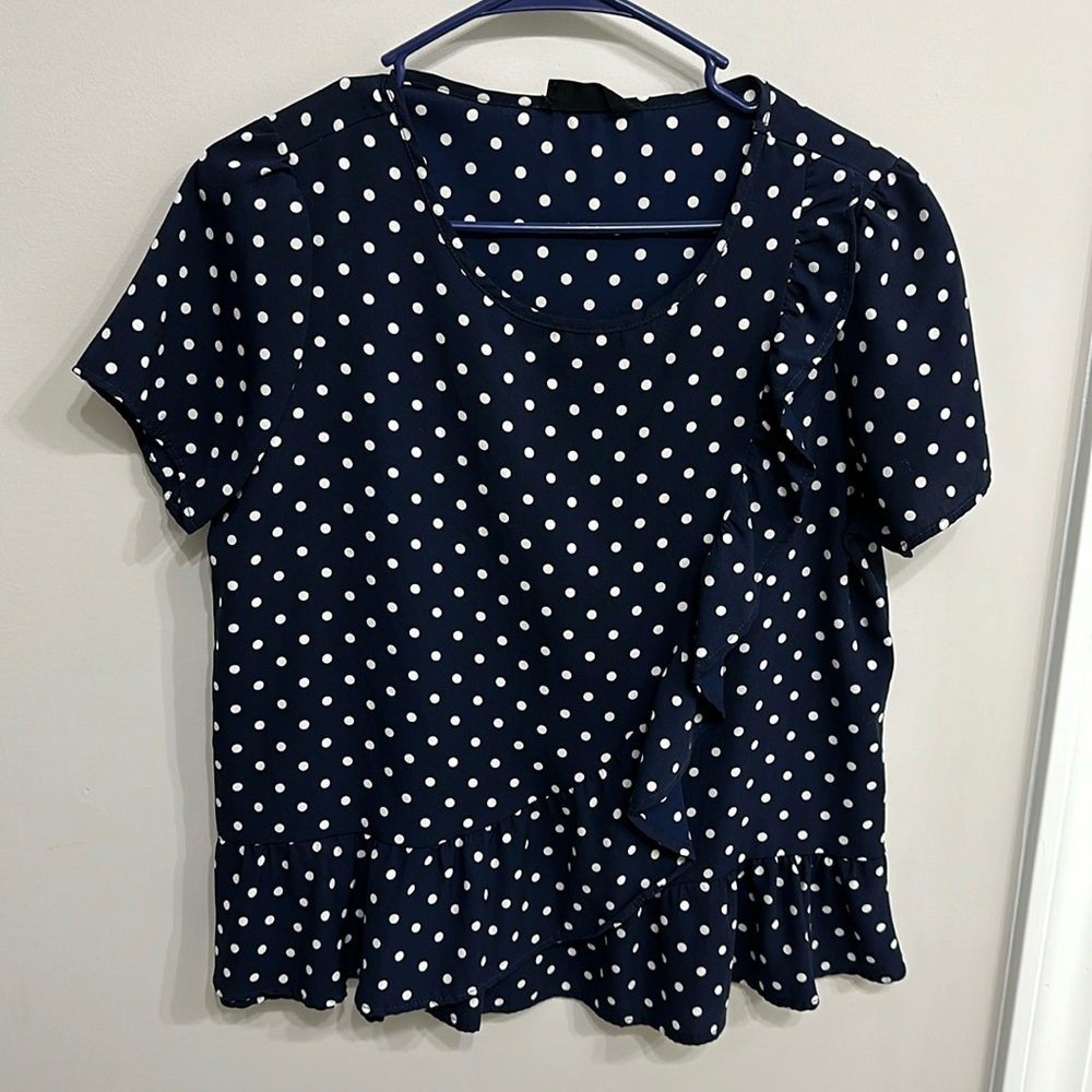 Navy Polkadot Ruffle Wrap Blouse